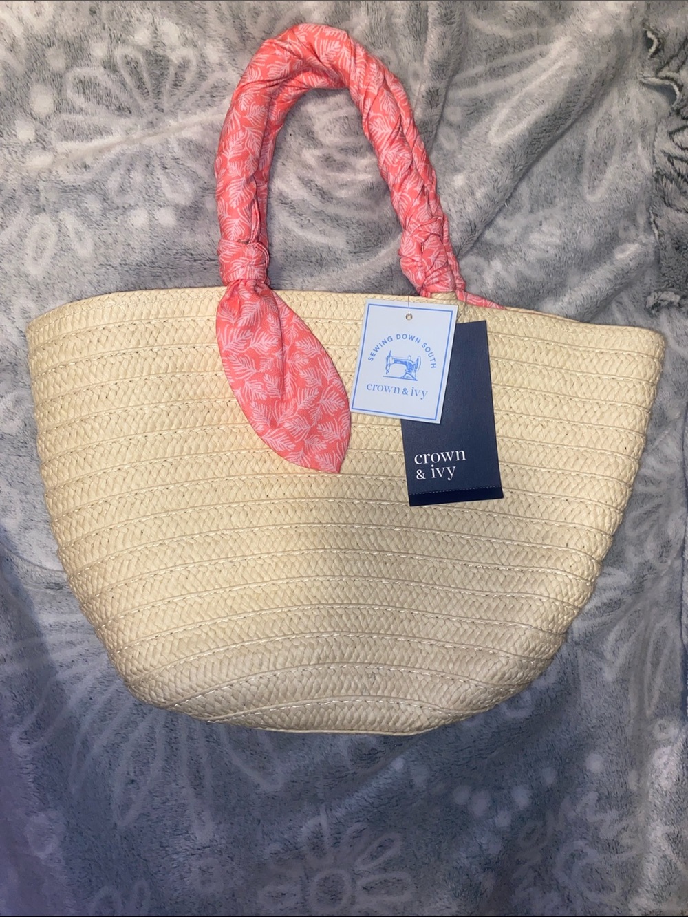 crown & ivy Yellow Straw Tote with Coral-Patterned Handles
